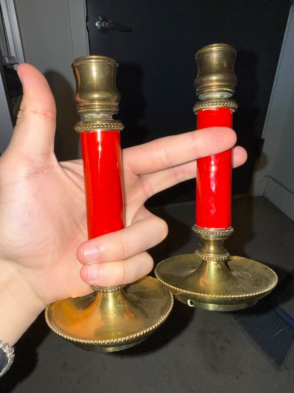 Vintage Italian Brass and Red Enamel Candlesticks - Pair